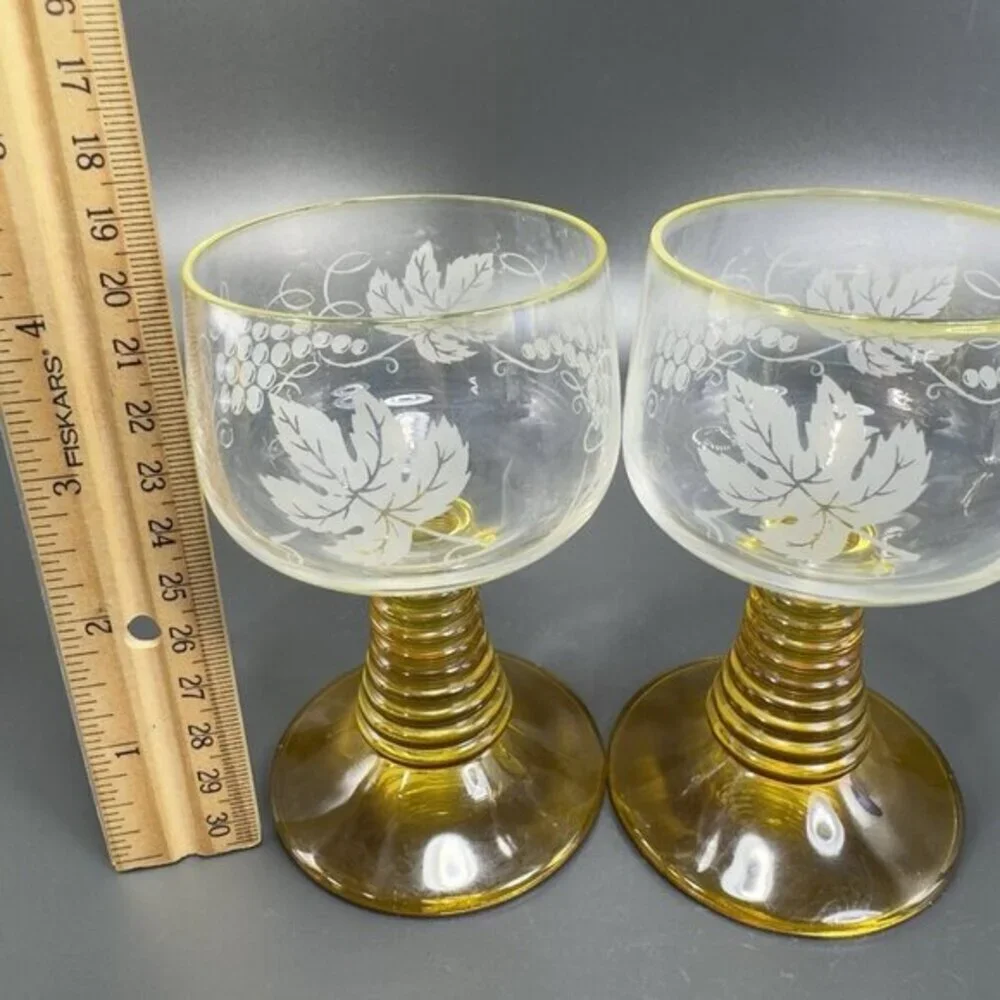 Roemer Cups Glasses Goblet Amber Beehive Stem Etched Clear Made in Germany Set 2